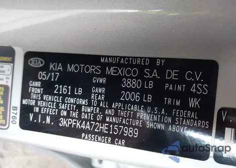 2017 Kia Forte Lx из США, поврежденный, VIN 3KPFK4A72HE157989